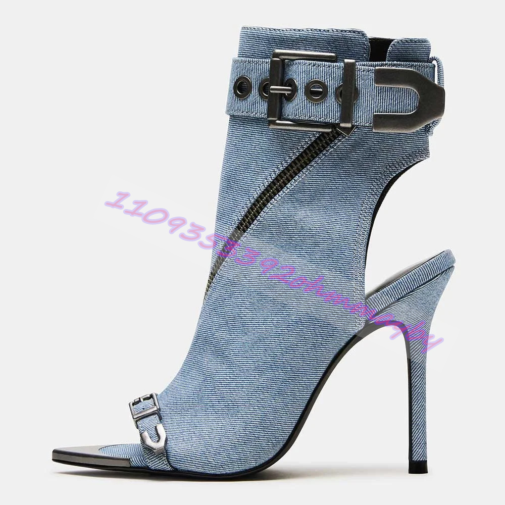 Women Shoes Boots - Sepatu Bot Ujung Runcing Denim Biru