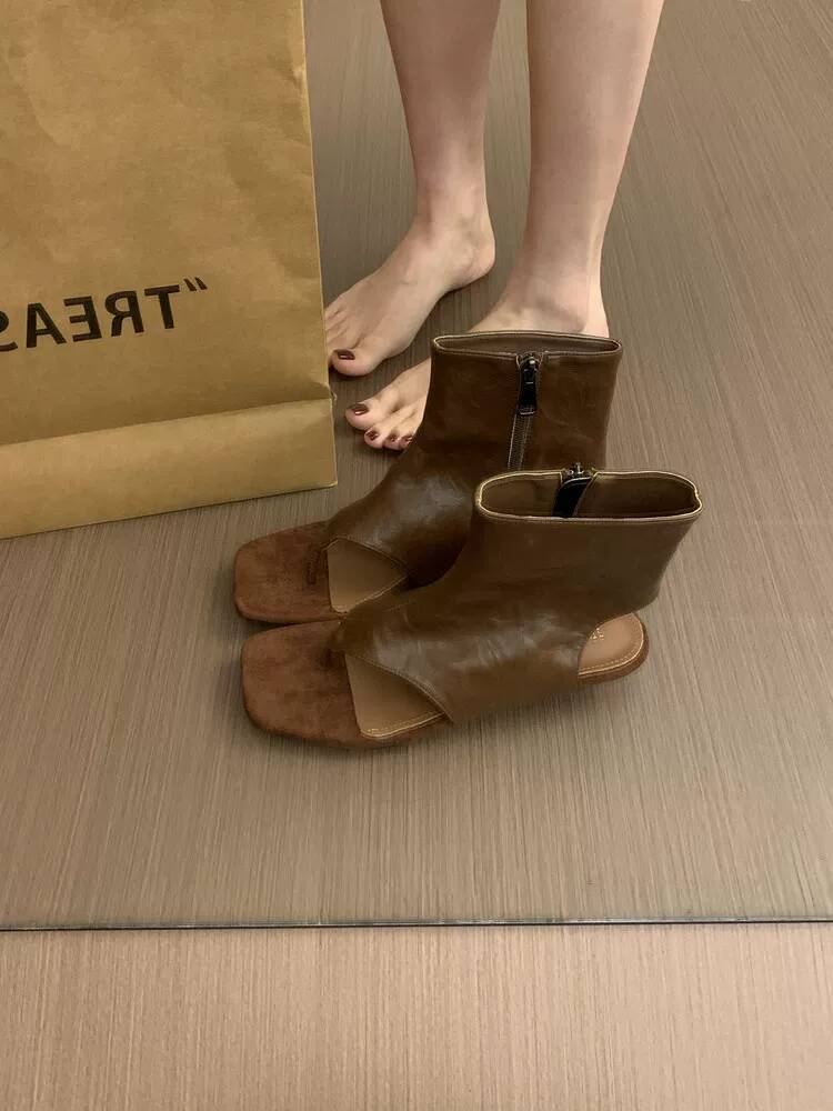 Women Shoes Boots - Sepatu Boots Pendek Retro Cokelat Prancis